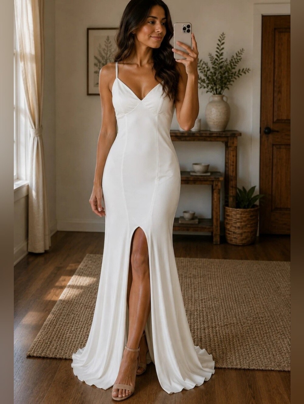 White Spaghetti-Strap Wedding Gown with Front Slit